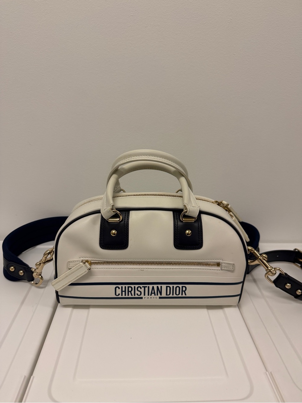 Dior White Leather Bowling Satchel with Navy Trim